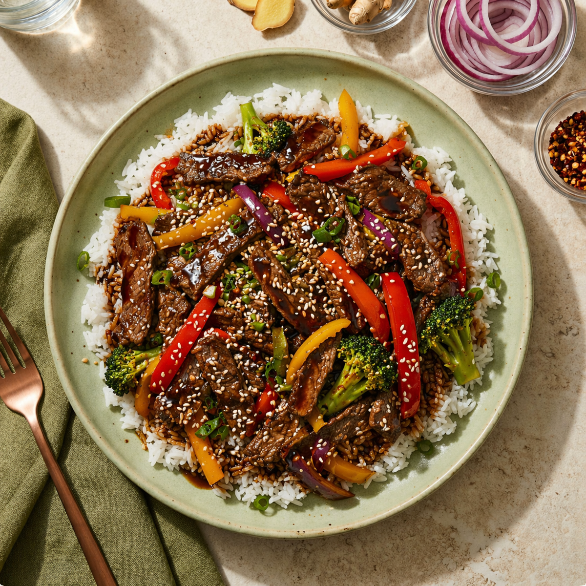 Beef stir fry with white rice ready-to-eat meal by Cookly