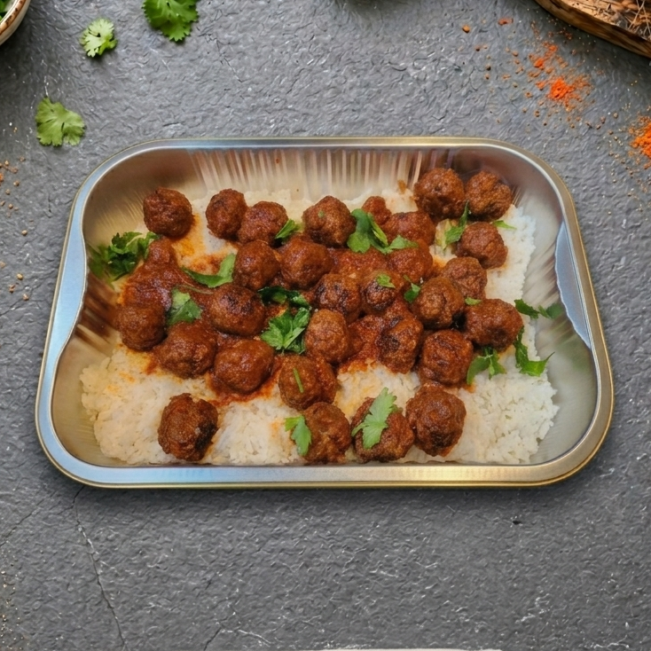 Beef Meatballs with Red Sauce & Rice