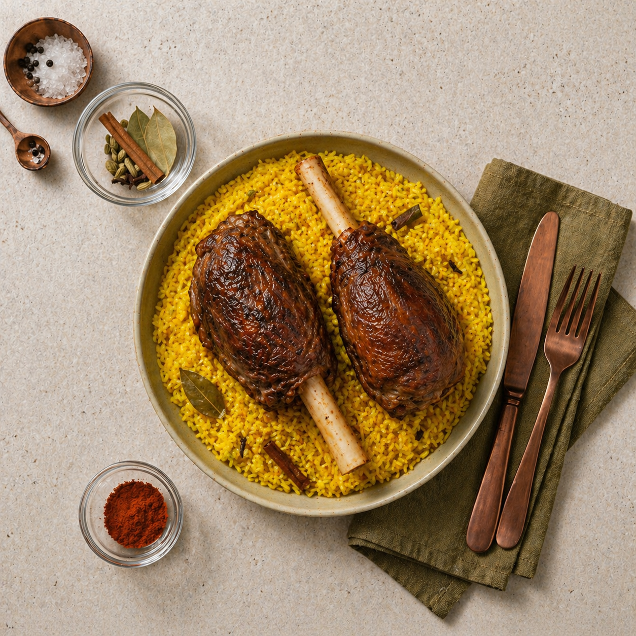Lamb shanks with turmeric rice ready-to-eat meal by Cookly