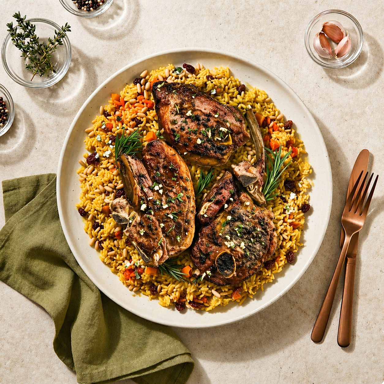Marinated lamb chops with savoury rice ready-to-eat meal by Cookly